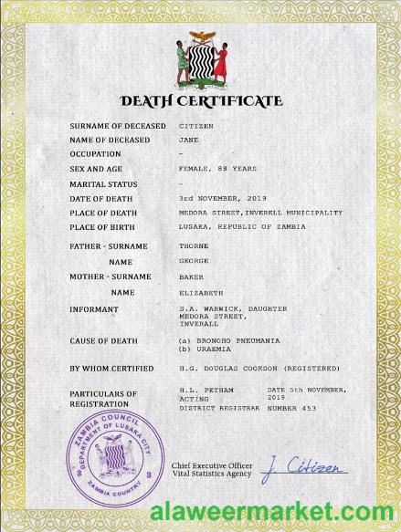 Zambia vital record death certificate PSD template